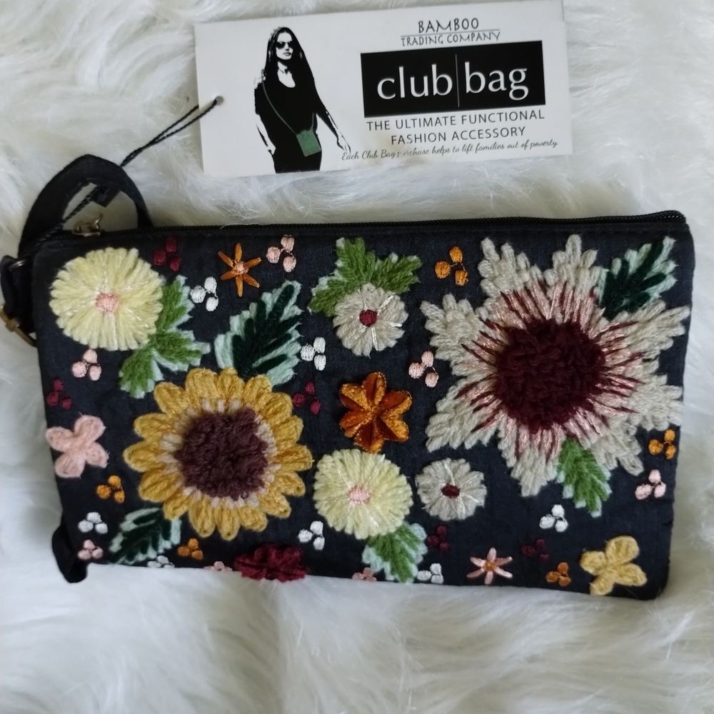 Bamboo Traders Black and Yellow Crossbody Bag with Vintage Floral Charm